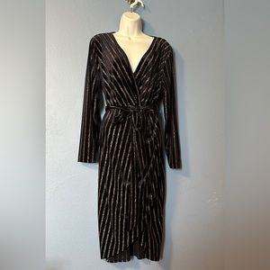 Bloomchic v neckline long sleeves silver metallic striped dress